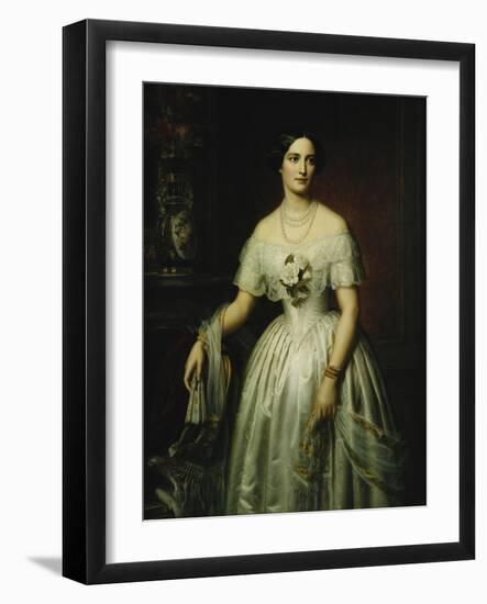 Portrait of a Lady Standing Three-Quarter Length Wearing a White Dress-August Schiott-Framed Giclee Print