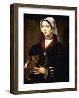 Portrait of a Lady, Three-Quarter-Length, Wearing Dark Costume, Holding a Cat-Ambrosius Benson-Framed Giclee Print