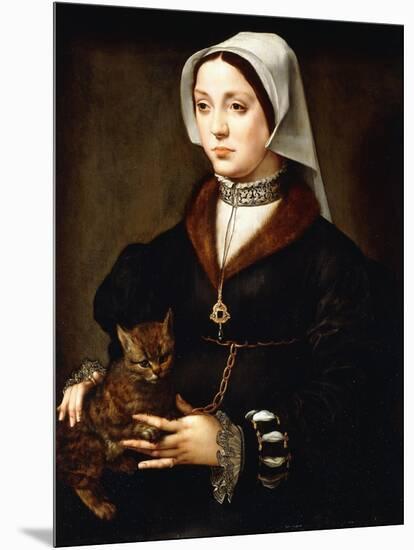 Portrait of a Lady, Three-Quarter-Length, Wearing Dark Costume, Holding a Cat-Ambrosius Benson-Mounted Giclee Print