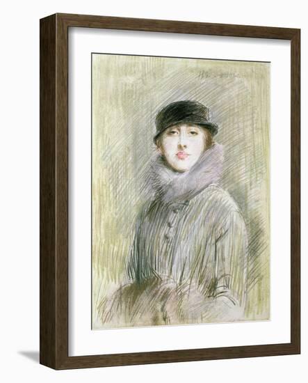 Portrait of a Lady with a Fur Collar and Muff, 20th Century (Drawing)-Paul Cesar Helleu-Framed Giclee Print