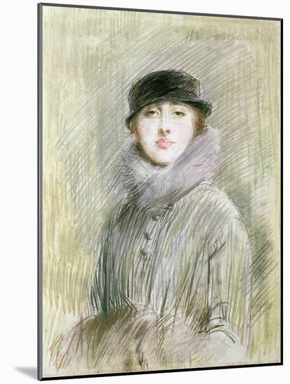 Portrait of a Lady with a Fur Collar and Muff, 20th Century (Drawing)-Paul Cesar Helleu-Mounted Giclee Print