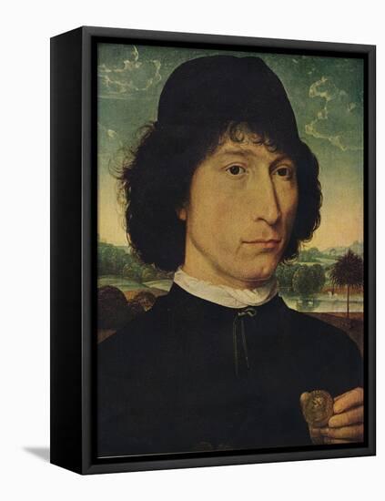 'Portrait of a man holding a coin of the Emperor Nero', 1474-Hans Memling-Framed Stretched Canvas