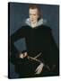 Portrait of a Man in a Slashed Black Doublet-William Segar-Stretched Canvas