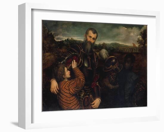 Portrait of a Man in Armor with Two Pages-Paris Bordone-Framed Giclee Print