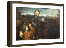Portrait of a Man in Armor with Two Pages-Paris Bordone-Framed Art Print