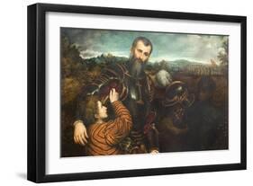 Portrait of a Man in Armor with Two Pages-Paris Bordone-Framed Art Print