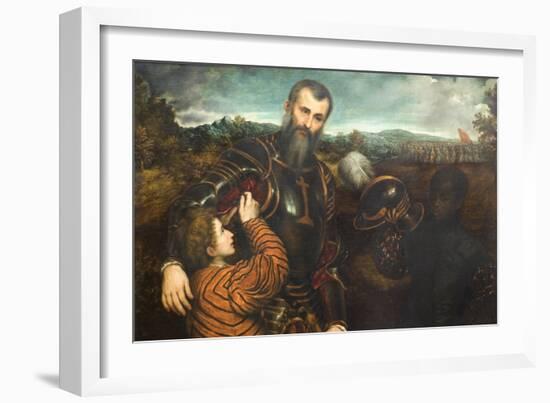 Portrait of a Man in Armor with Two Pages-Paris Bordone-Framed Art Print