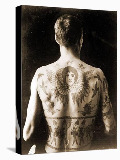 Portrait of a Man with an Elaborate Back-Piece Tattoo C.1910-null-Stretched Canvas