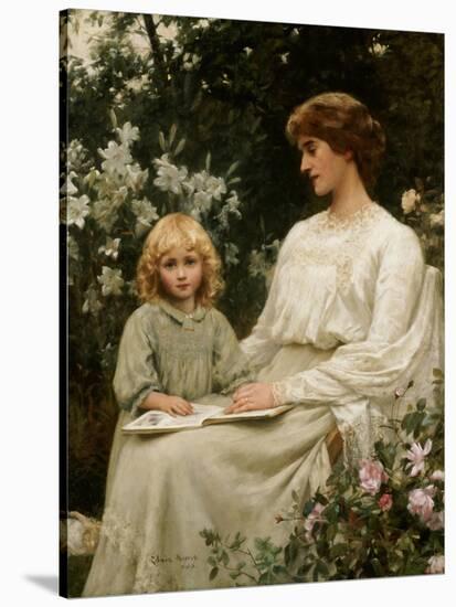 Portrait of a Mother and a Daughter Reading a Book-Edwin Harris-Stretched Canvas