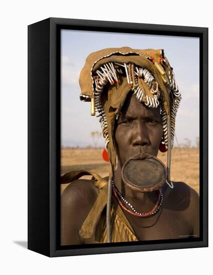 Portrait of a Mursi Woman with Clay Lip Plate, Lower Omo Valley, Ethiopia-Gavin Hellier-Framed Stretched Canvas