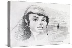 Portrait of a Pirate Woman of the Caribbean (Or Privateer), with Sunset on the Horizon. Drawing by-Alessandro Lonati-Stretched Canvas