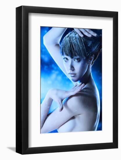 Portrait of a Snow Female Model over Sky of Stars and Snow. Fashion, Beauty.-prometeus-Framed Photographic Print