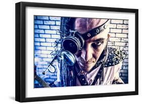 Portrait Of A Steampunk Man With A Mechanical Devices Over Brick Wall-prometeus-Framed Art Print