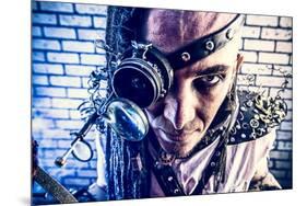 Portrait Of A Steampunk Man With A Mechanical Devices Over Brick Wall-prometeus-Mounted Art Print