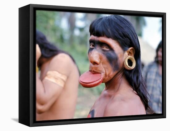 Portrait of a Suya Indian Man with Lip Plate, Brazil, South America-Robin Hanbury-tenison-Framed Stretched Canvas