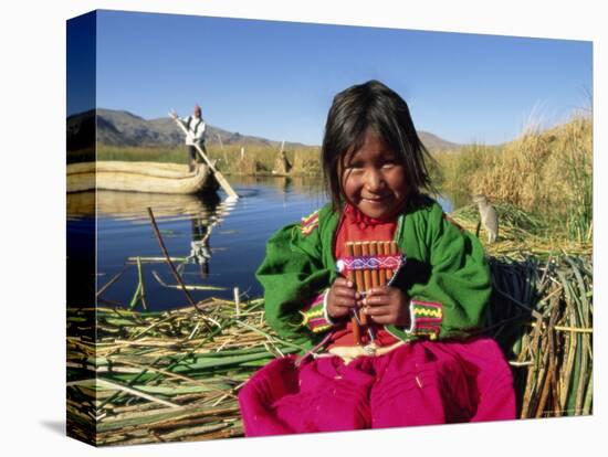 Portrait of a Uros Indian Girl Holding Pan Pipes, Islas Flotantes, Lake Titicaca, Peru-Gavin Hellier-Stretched Canvas