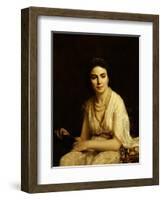 Portrait of a Woman Wearing a Pearl Necklace and Holding a Fan-Alexei Alexeivich Harlamoff-Framed Giclee Print