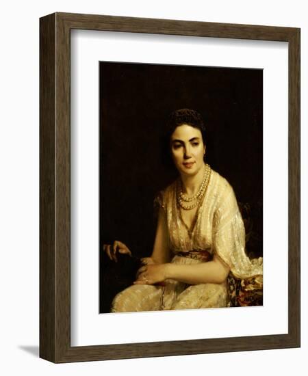 Portrait of a Woman Wearing a Pearl Necklace and Holding a Fan-Alexei Alexeivich Harlamoff-Framed Giclee Print