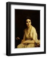 Portrait of a Woman Wearing a Pearl Necklace and Holding a Fan-Alexei Alexeivich Harlamoff-Framed Giclee Print