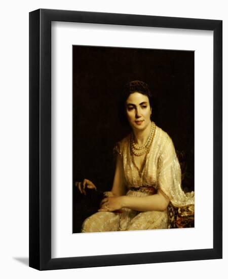 Portrait of a Woman Wearing a Pearl Necklace and Holding a Fan-Alexei Alexeivich Harlamoff-Framed Giclee Print