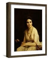 Portrait of a Woman Wearing a Pearl Necklace and Holding a Fan-Alexei Alexeivich Harlamoff-Framed Giclee Print