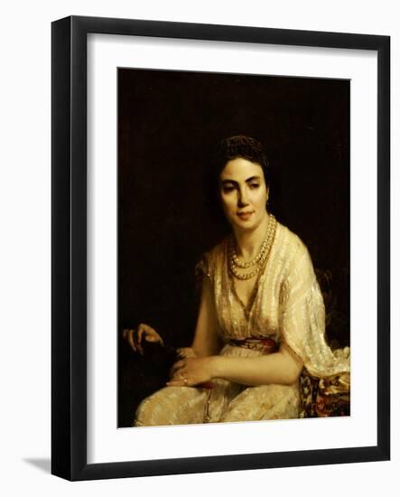 Portrait of a Woman Wearing a Pearl Necklace and Holding a Fan-Alexei Alexeivich Harlamoff-Framed Giclee Print