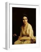 Portrait of a Woman Wearing a Pearl Necklace and Holding a Fan-Alexei Alexeivich Harlamoff-Framed Giclee Print