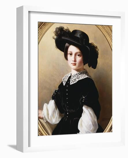 Portrait of a Young Girl, Half Length, Wearing a Black Velvet Costume with-Franz Xaver Winterhalter-Framed Giclee Print