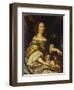 Portrait of a Young Lady, Seated Three-Quarter Length, in a Blue Dress, with a Lapdog, a Garden…-Abraham van den Tempel-Framed Giclee Print