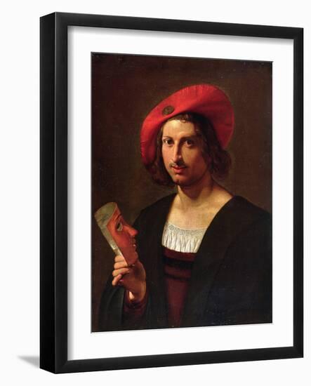 Portrait of a Young Man wearing a Hat with a Badge, holding a Mask-Pietro Paolini-Framed Giclee Print