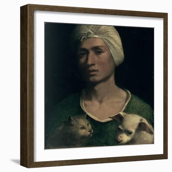 Portrait of a Young Man with a Dog and a Cat-Dosso Dossi-Framed Giclee Print