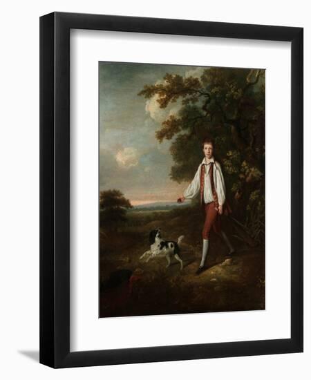 Portrait of a Youth Holding a Cricket Bat and Ball with His Pet Black and White Springer Spaniel-Hugh Barron-Framed Giclee Print