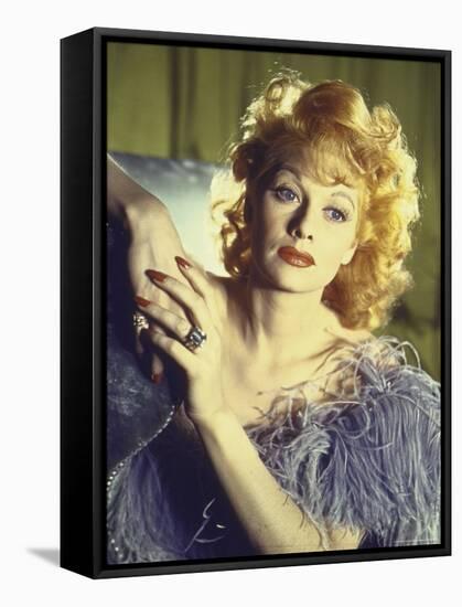 Portrait of Actress Lucille Ball Wearing Blue/Lavender Gown with Feathers-Walter Sanders-Framed Stretched Canvas