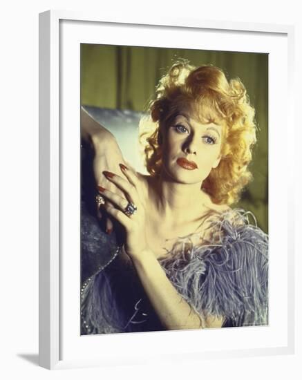 Portrait of Actress Lucille Ball Wearing Blue/Lavender Gown with Feathers-Walter Sanders-Framed Premium Photographic Print