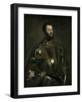 Portrait of Alfonso d'Avalos, Marchese del Vasto, in Armor with a Page-Titian (Tiziano Vecellio)-Framed Art Print