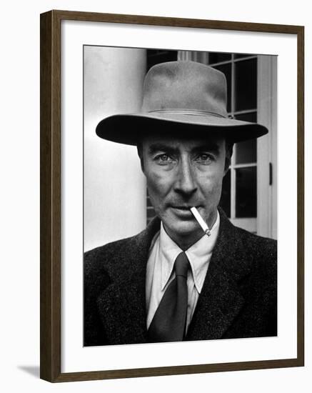 Portrait of American Physicist J. Robert Oppenheimer Wearing a Porkpie Hat and Smoking a Cigarette-Alfred Eisenstaedt-Framed Premium Photographic Print