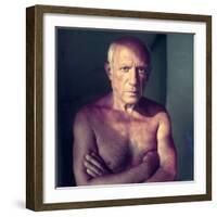 Portrait of Artist Pablo Picasso, Arms Folded Across Bare Chest, at His Home, Alone-Gjon Mili-Framed Premium Photographic Print