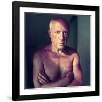 Portrait of Artist Pablo Picasso, Arms Folded Across Bare Chest, at His Home, Alone-Gjon Mili-Framed Premium Photographic Print