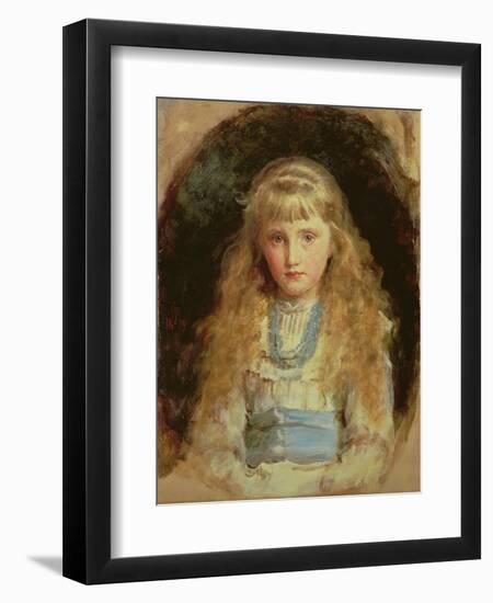 Portrait of Beatrice Caird Wearing a White Dress with a Blue Sash (Oil on Canvas)-John Everett Millais-Framed Premium Giclee Print