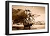 Portrait of Beautiful Female Pilot with Plane Behind. Sepia Photo.-Aleksandar Todorovic-Framed Art Print