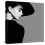 Portrait of Beautiful Girl in Hat in Profile, Posing in Studio, Black and White Photography-Yuliya Yafimik-Stretched Canvas