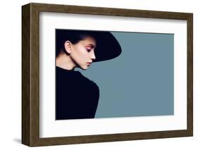 Portrait of Beautiful Girl in Hat in Profile, Posing in Studio-Yuliya Yafimik-Framed Photographic Print