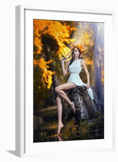 Portrait of Beautiful Girl in the Forest Girl with Fairy Look in Autumnal Shoot-iancucristi-Framed Photographic Print