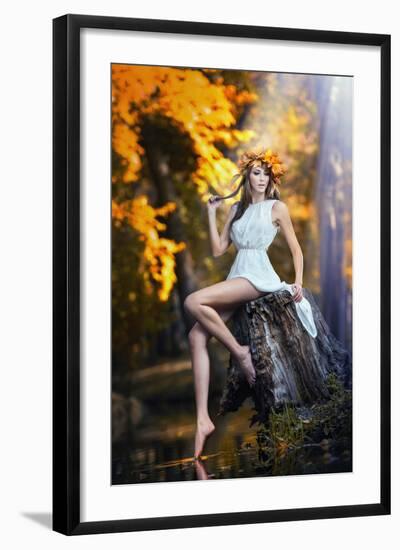 Portrait of Beautiful Girl in the Forest Girl with Fairy Look in Autumnal Shoot-iancucristi-Framed Photographic Print