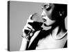 Portrait of Beautiful Young Woman with Wine Glass, Black and White Retro Stylization-khorzhevska-Stretched Canvas