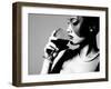 Portrait of Beautiful Young Woman with Wine Glass, Black and White Retro Stylization-khorzhevska-Framed Photographic Print