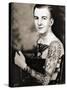 Portrait of Bob Shaw Showing of His Tattooed Sleeves by Bert Grimm, C.1942-null-Stretched Canvas