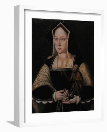 Portrait of Catherine of Aragon, with Her Pet Monkey (Copy after Lucas Horenbou), Ca 1530-null-Framed Giclee Print