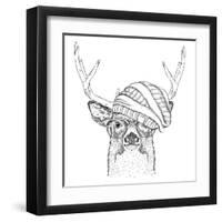 Portrait of Deer in a Hat. Vector Illustration-Sunny Whale-Framed Art Print