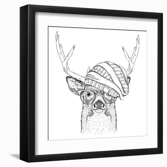 Portrait of Deer in a Hat. Vector Illustration-Sunny Whale-Framed Art Print